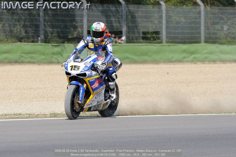 2009-09-26 Imola 2190 Tamburello - Superbike - Free Practice - Matteo Baiocco - Kawasaki ZX 10R.jpg